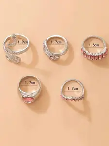 YU FASHIONS Set Of 5 Silver Plated Stainless Steel Crystal Studded Finger Rings