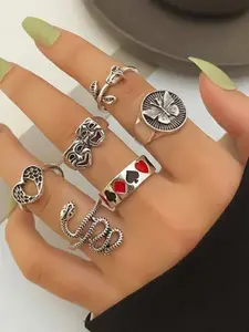 YU FASHIONS Set Of 6 Silver Plated Stainless Steel Snake Butterfly Heart Finger Rings