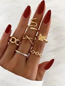 YU FASHIONS Set of 6 Gold-Plated Rhinestone-Studded Adjustable Finger Ring
