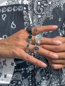 YU FASHIONS Set Of 6 Silver-Plated Stainless Steel Stones-Studded Finger Rings