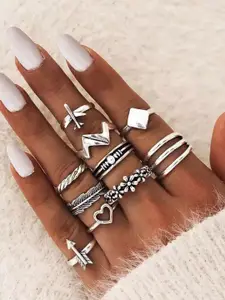 YU FASHIONS Set Of 10 Sliver-Plated Airplane Flower Heart Leaf Finger Ring