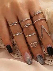 YU FASHIONS Set Of 9 Silver-Plated Stainless Steel Finger Ring