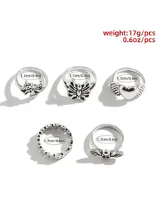 YU FASHIONS Set Of 5 Silver-Plated Stainless Steel Butterfly Heart Finger Rings