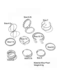 YU FASHIONS Set Of 10 Silver-Plated Stainless Steel Stone-Studded Adjustable Finger Ring