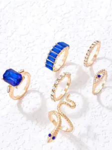 YU FASHIONS Set Of 6 Gold-Plated Evil Eye Crystal Stainless Steel Finger Rings