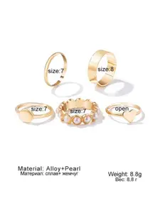 YU FASHIONS Pack Of 5 Gold-Plated Pearls Studded Finger Ring