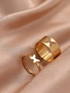 YU FASHIONS Set Of 2 Stainless Steel Gold Plated Finger Rings