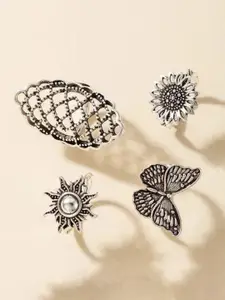 YU FASHIONS Set Of 4 Silver-Plated Stainless Steel Textured Finger Ring