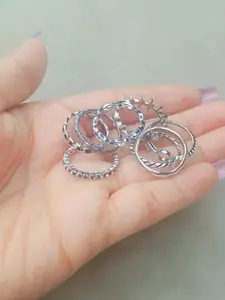 YU FASHIONS Set Of 8 Silver-Plated Stainless Steel Rhinestone-Studded Finger Ring