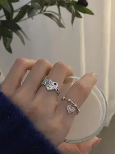 YU FASHIONS Set Of 2 Silver-Plated Stainless Steel Oxidised Adjustable Finger Rings