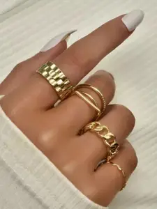 YU FASHIONS Set Of 6 Gold-Plated Stainless Steel Square Shaped Finger Rings