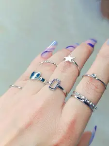 YU FASHIONS Set Of 8 Silver-Plated Stainless Steel Adjustable Finger Ring