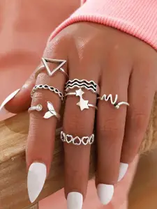 YU FASHIONS Set Of 7 Silver-Plated Stainless Steel Stone-Studded Finger Rings