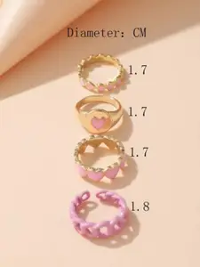 YU FASHIONS Set Of 4 Gold-Plated Stainless Steel Rhinestone Acrylic Heart Finger Rings