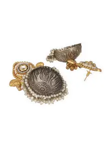 Saraf RS Jewellery Rhodium-Plated Dual Toned AD & Pearls Bird Motif Dome Shaped Jhumkas