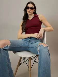 The Roadster Lifestyle Co Women Shirt Collar Crop Top