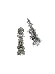 FEMMIBELLA Silver-Plated Beaded Dome Shaped Oxidized Layered Jhumkas