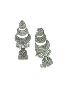 FEMMIBELLA Silver-Plated Crescent Shaped Cubic Zirconia Oxidized Chandbalis