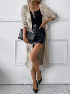 StyleCast x Revolte Beige Striped Longline Open Front Shrug