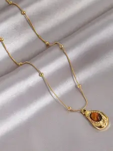 MYKI Gold-Plated Good Stainless Steel Oval Stone Studded Pendant With Chain