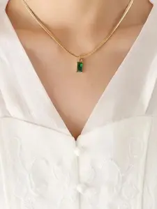 DIVASTRI Gold-Plated Stainless Steel Anti Tarnish CZ-Stone Studded Square Pendant & Chain