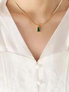 DIVASTRI Gold-Plated CZ Studded Stainless Steel Square Anti Tarnish Pendant With Chain