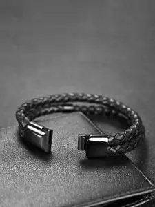 MEENAZ Men Leather Oxidised Silver-Plated Multistrand Bracelet
