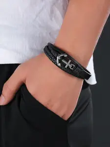 MEENAZ Men Leather Oxidised Silver-Plated Multistrand Bracelet