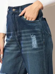 SASSAFRAS Women Relaxed Fit High-Rise Mildly Distressed Heavy Fade Jeans