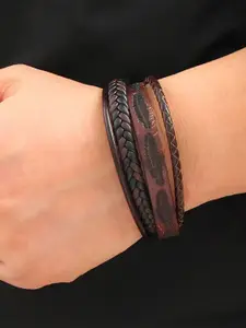 MEENAZ Men Leather Oxidised Silver-Plated Multistrand Bracelet