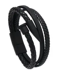MEENAZ Men Leather Oxidised Silver-Plated Multistrand Bracelet