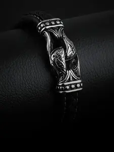 MEENAZ Men Leather Oxidised Silver-Plated Multistrand Bracelet