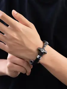 MEENAZ Men Leather Oxidised Silver-Plated Wraparound Bracelet