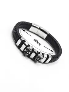MEENAZ Men Leather Oxidised Silver-Plated Multistrand Bracelet