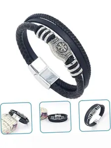 MEENAZ Men Leather Oxidised Silver-Plated Multistrand Bracelet