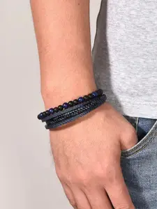 MEENAZ Men Leather Oxidised Silver-Plated Multistrand Bracelet
