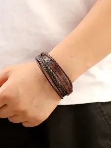 MEENAZ Men Leather Oxidised Silver-Plated Multistrand Bracelet