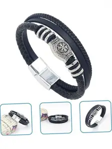MEENAZ Men Leather Oxidised Silver-Plated Multistrand Bracelet