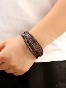 MEENAZ Men Leather Oxidised Silver-Plated Multistrand Bracelet