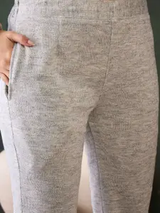 Sangria Grey Self Design Spread Collar Three-Quarter Sleeves Top & Trouser