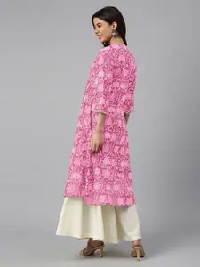 Janasya Women Pink Pure Cotton Floral Printed Flared Kurta