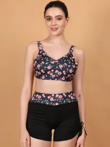N-Gal Floral Printed Swim Bikini Bra & Shorts With Swim Jacket