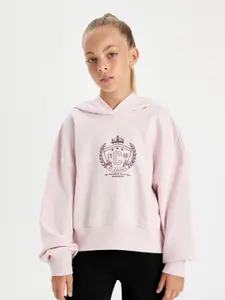DeFacto Girls Cotton Typography Printed Long Sleeves Hooded Pullover