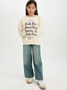DeFacto Girls Typography Printed Round Neck Pullover Sweater