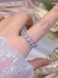 Jewels Galaxy Silver Plated AD Stone-Studded Heart Shaped Adjustable Finger Ring