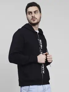 PEPLOS Men Cotton Typography Printed Front-Open Hooded Sweatshirt