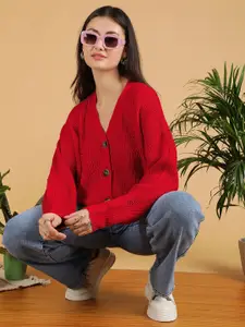 Stylecast X Kotty Women Cotton V-Neck Ribbed Cardigan Sweaters