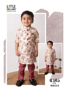 LITTLE COLLARS Boys Floral Printed Kurta & Trousers with Nehru Jacket