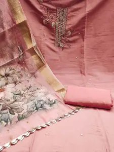 Peachmode Floral Embroidered Beads and Stones Pure Cotton Unstitched Dress Material