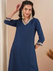 FASHOR Blue V-Neck Embroidered Sequinned Straight Kurta